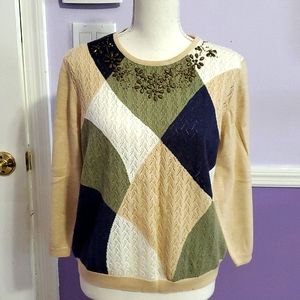Alfred Dunner Beige & Granny Squares Studded Knitted Long Sleeve Sweater XLP